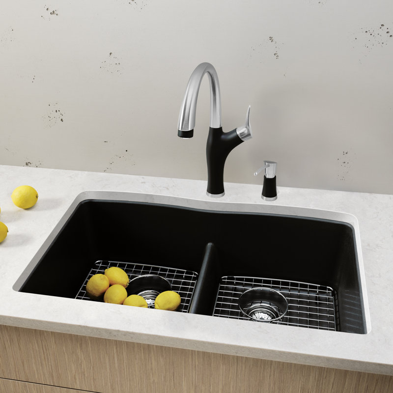 Diamond SILGRANIT 32" L X 19.25'' W Double Bowl Undermount Kitchen Sink with Low Divide, Volcano Gray