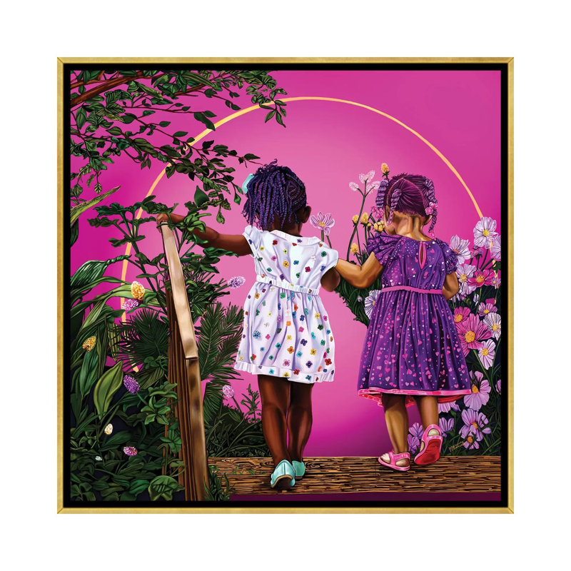 Voyage avec ma sœur-impression d’art graphique, Pas de tapis, Toile encadrée d'or, H 37 po x l 37 po x P 1,5 po