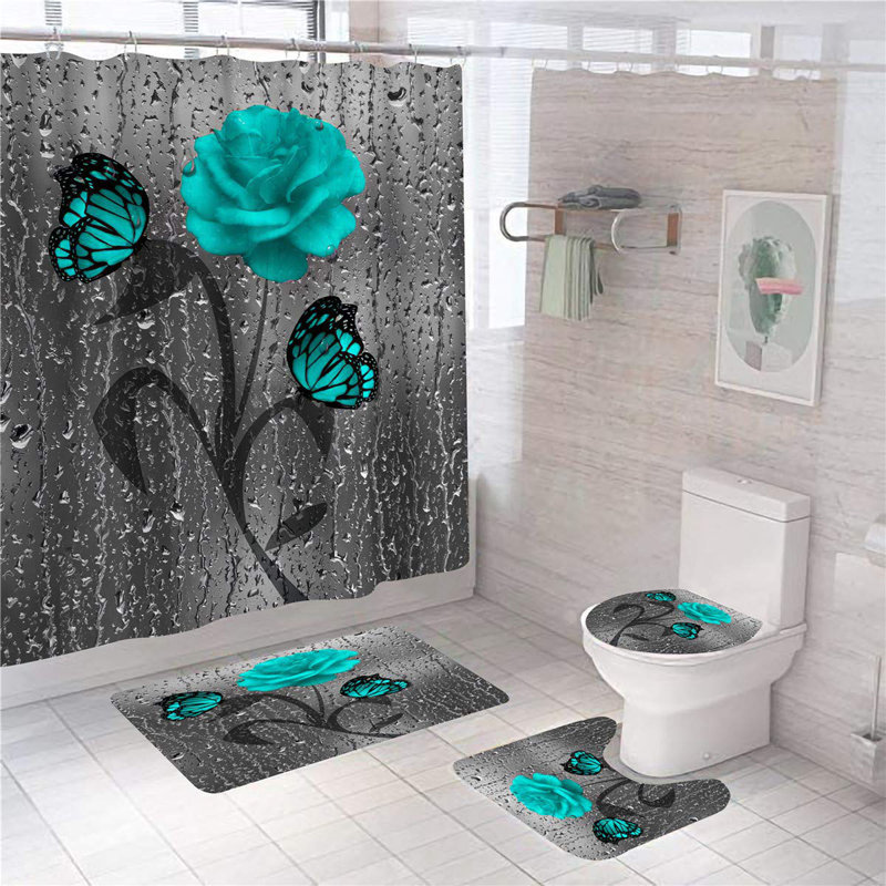 Ensemble de rideau de douche 4 pièces + crochets, Noir / vert