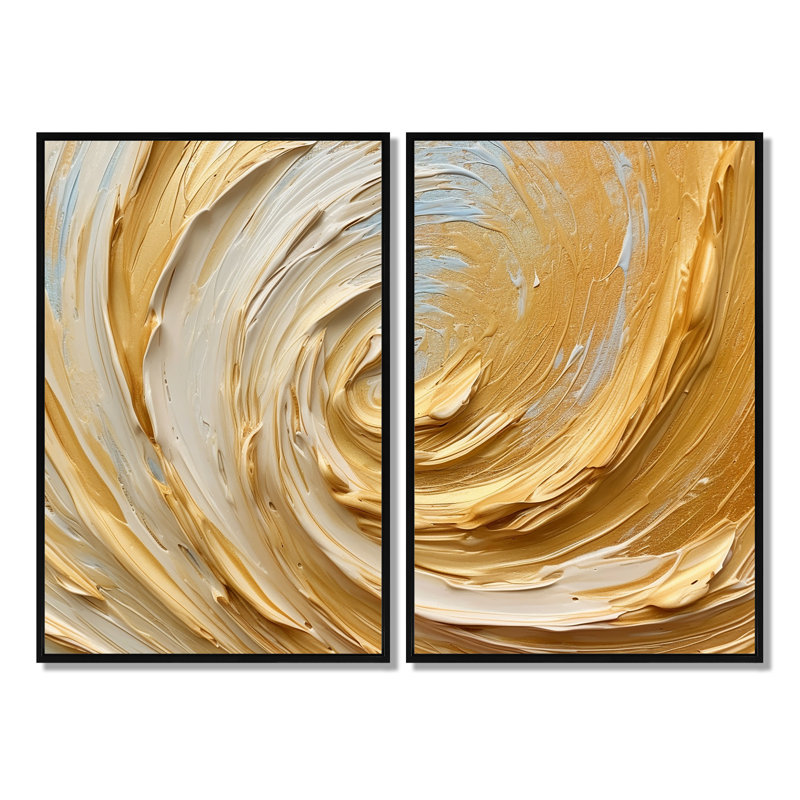 Gold Cream Infinite Swirls II - Toile moderne dorée 2 panneaux, H 36 po x l 48 po, Impression encadrée flottante, Noir