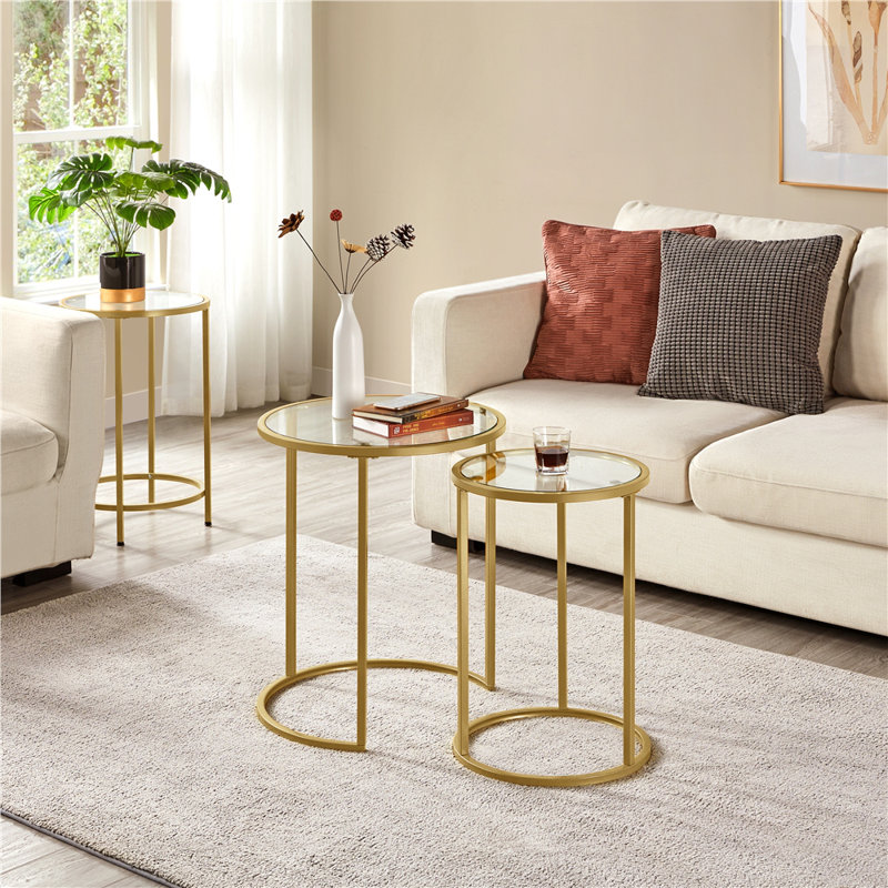 Baina 23.5"H Round Nesting End Table Set with Metal Frame, Gold