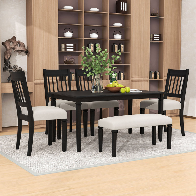 Ensemble de salle à manger 6 pièces avec table rectangulaire, 4 chaises rembourrées et banc, Gris colombe