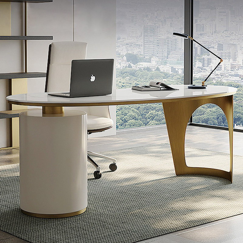 Blanc + beige-blanc + pierre frittée courbée dorée + bois manufacturé + acier inoxydable avec bureau à 3 tiroirs