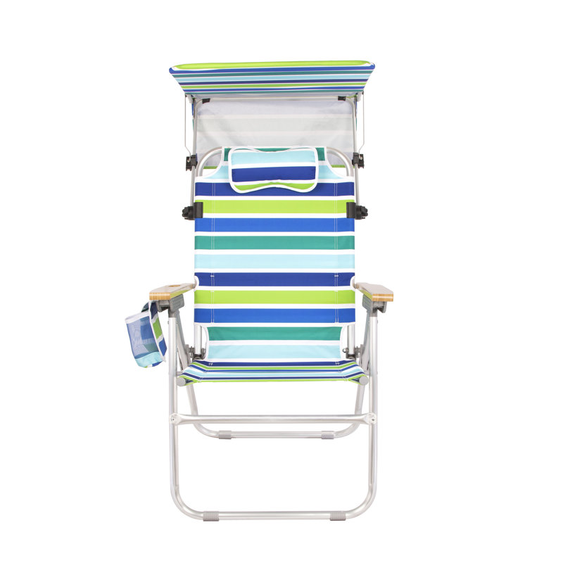 Heavy Duty Tall Beach Chair with Canopy Shade for Adults, 17" High Off Ground, 4-Position Reclining, Insulated Cooler & Storage Pouch, Bamboo-Finish Arms, 300 lb Capacity