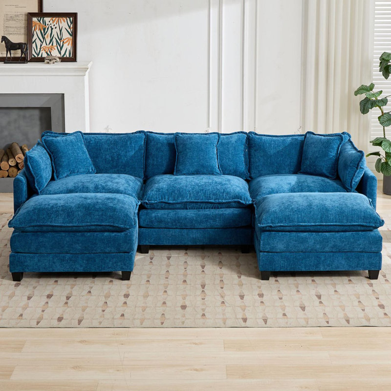 Canapé modulaire en U avec canapé-lit surdimensionné Schmucker, Chenille bleu, H 33 po x l 113,8 po x P 35 po