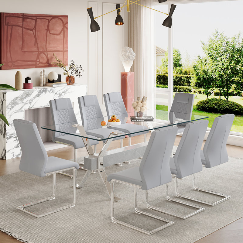 7-Piece Glass Top Dining Table Sets, Light Gray/Silver, Silver