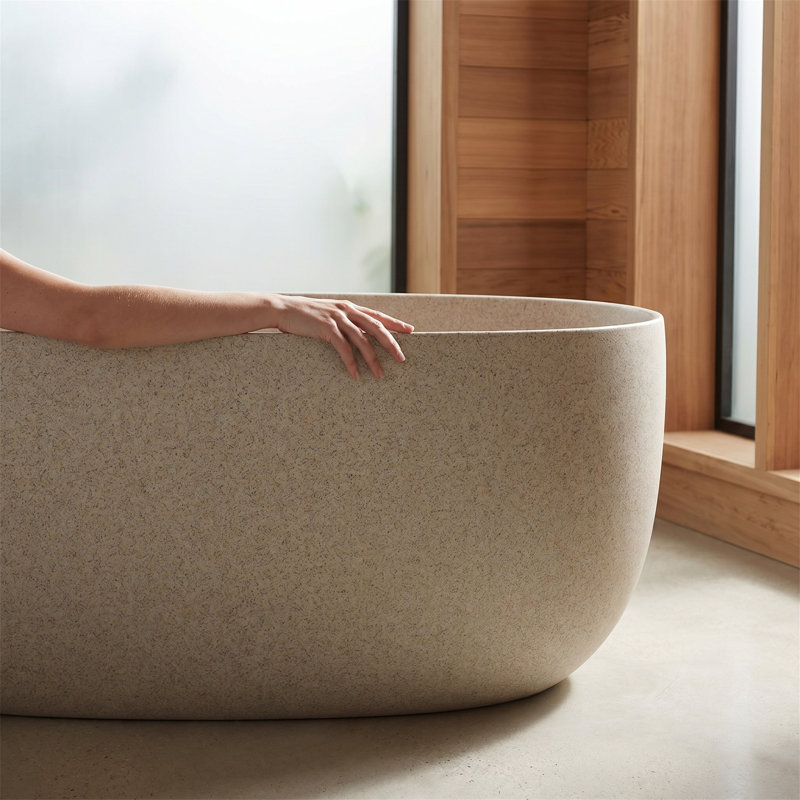 51" Freestanding Soaking Bathtub, Stone Resin, Oatmeal Matte, Ergonomic Oval, Pop-Up Drain