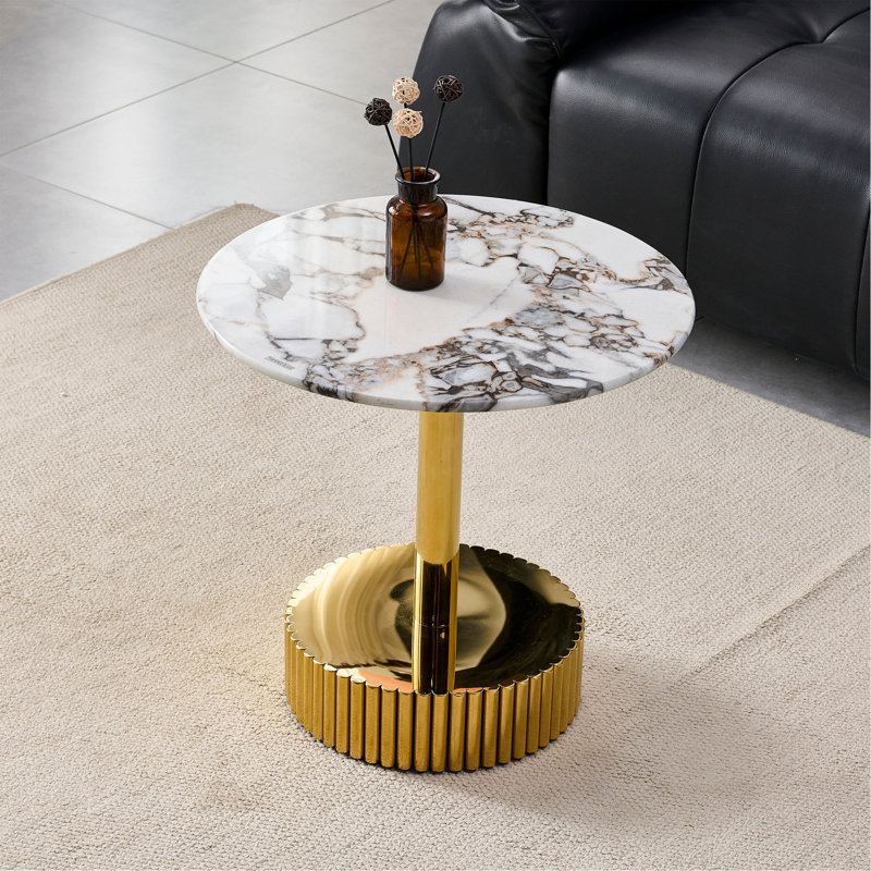 Table de bout moderne de 21,65 pouces, table de chevet, en verre à motif de marbre avec une structure en acier inoxydable, idéale pour les salons et les chambres à coucher, facile à assembler.