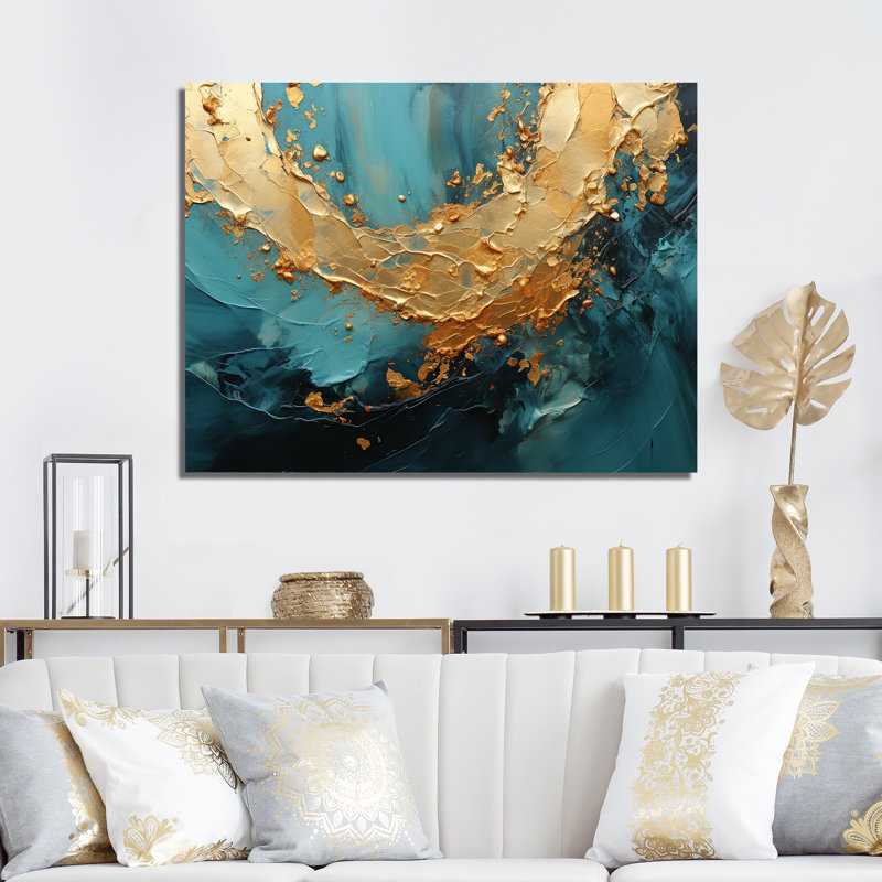 «Gold Turquoise Desert Mirage Spiral II - Abstract Spirals», reproduction sur toile, H 30 po x l 40 po x P 1,5 po