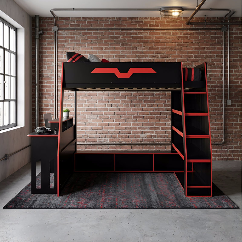 Lit mezzanine double en bois, Rouge