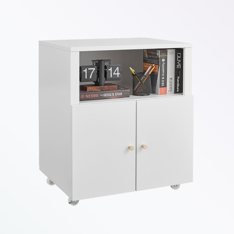 Office printer stand with wheels, printer tables with file door, mobile lateral filing cabinet, Blanc
