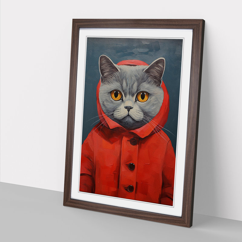 Cat Modern No.2 - Single Picture Frame Print on Wood, Walnut Framed, 34cm H x 25cm W x 2cm D