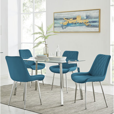 Cosmic Luxury Glass and Chrome Dining Table Set with 4 Luxury Velvet Dining Chairs