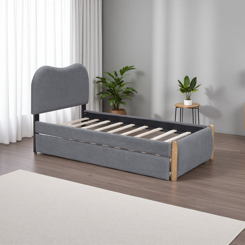 Lit plateforme tapissier avec pieds et gigogne en bois, Gris, Lit simple