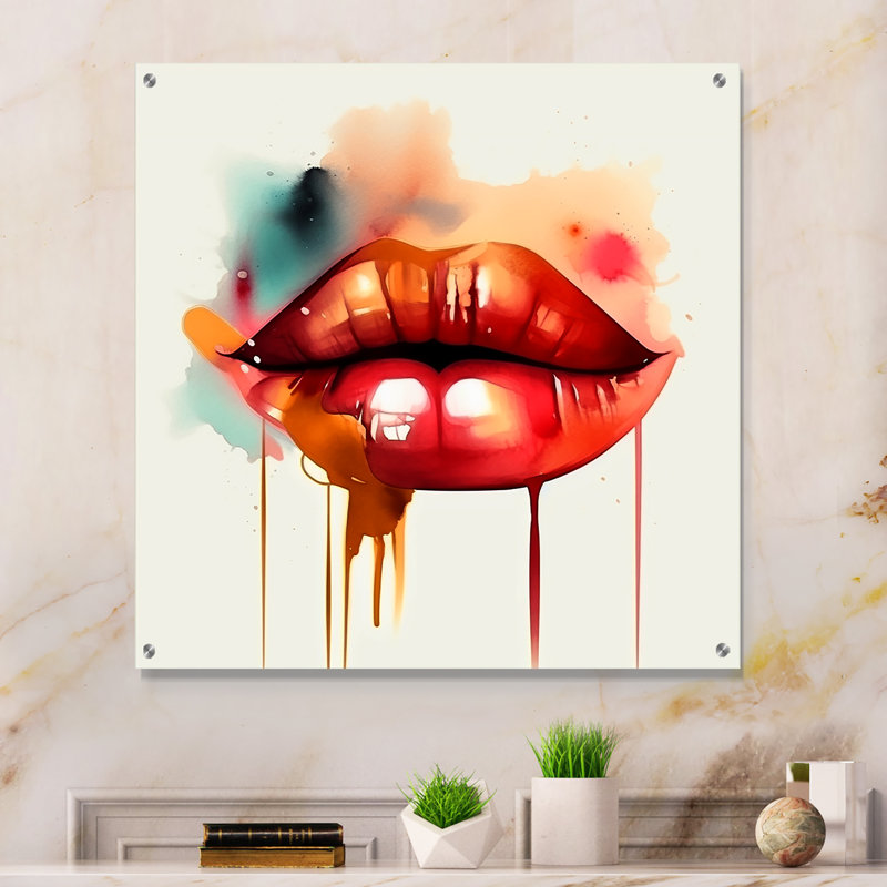 Red Lips Of Luxury I - Art mural acrylique tendance, H 16 po x l 16 po
