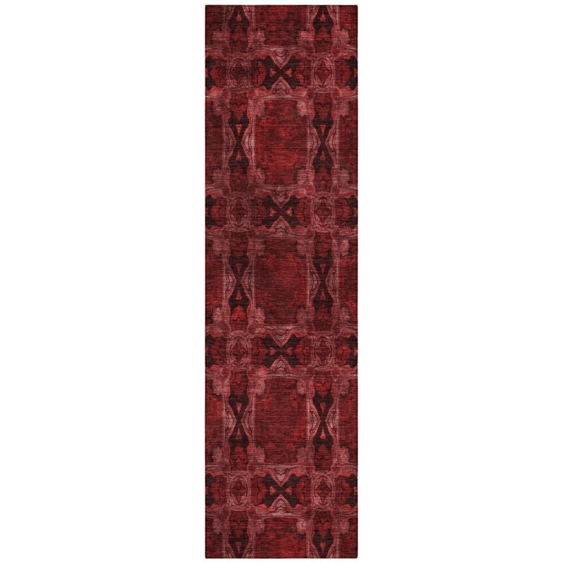 Tapis de couloir d'extérieur lavable à motif de médaillons bourgogne et noir 8 pi HomeRoots