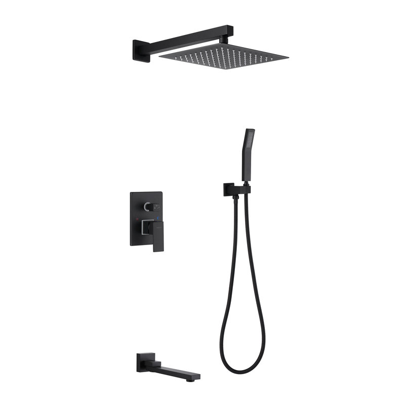 Système de douche à pression équilibrée noir mat avec pomme de douche murale carrée de 10 pouces, pomme de douche à main et robinet de baignoire