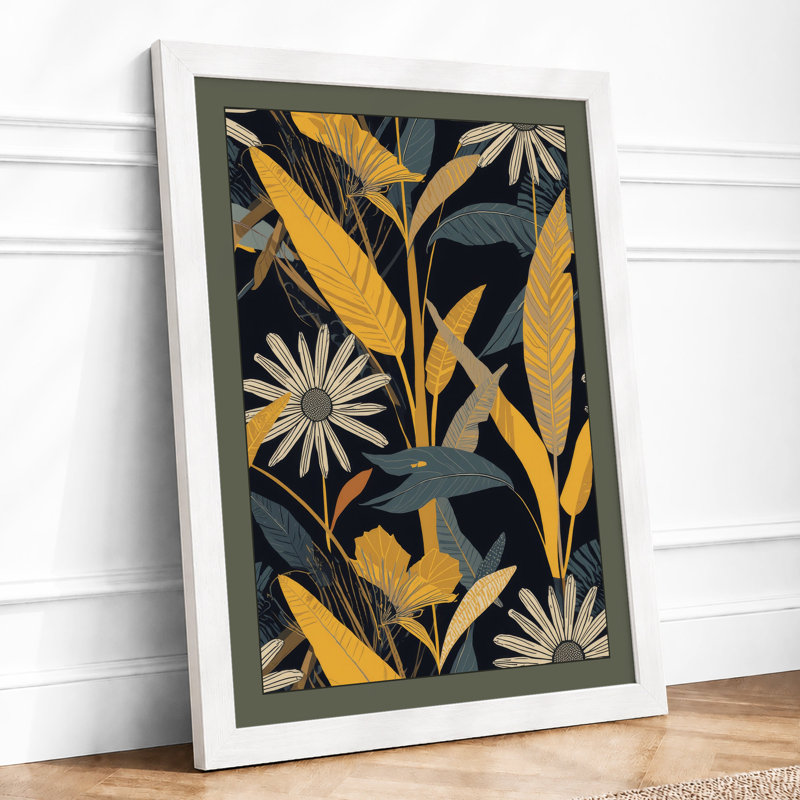 Navy Pattern Botanical - Framed Print, A4 - 29.7 x 21.0 cm, White