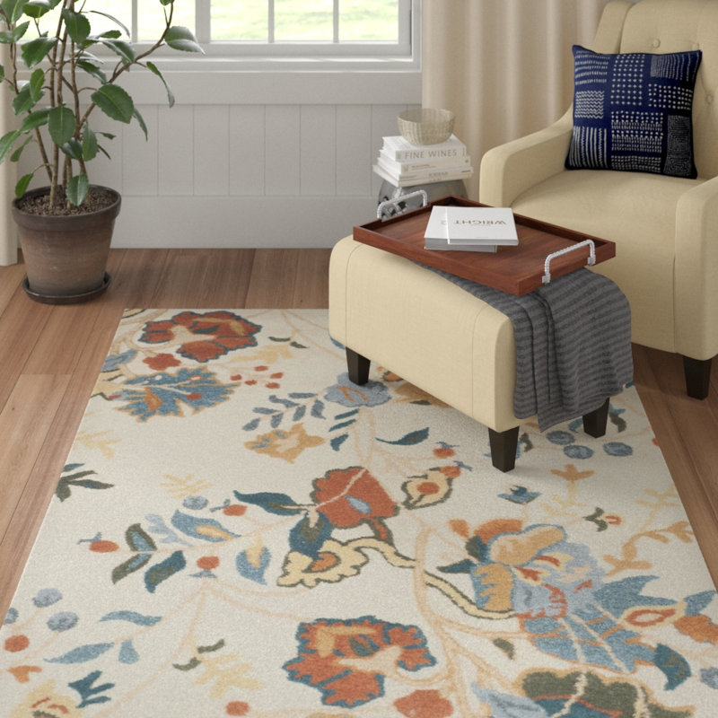 Skelmersdale Hand Tufted Wool/Cotton/Latex Floral Rug in Blue, Rectangle 8' x 10'