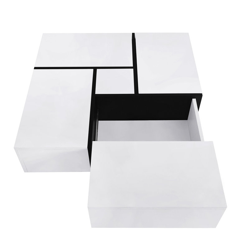 Table basse de conception unique avec 4 compartiments de rangement cachés, table de cocktail carrée avec plateau coulissant extensible, table centrale ultra brillante pour le salon de 31,5 po x 31,5 po