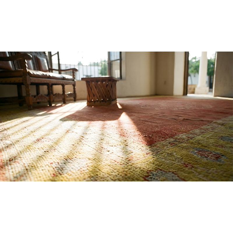 Decorative Coral Color Large Antique Turkish Oushak Floral Medallion Hand Knotted Pile Rug