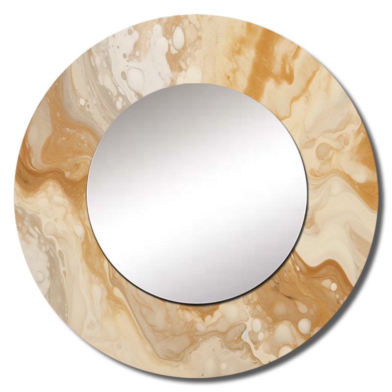 Cream Marbled Melody IV - Abstract Decorative Mirror, Beige Round Wall Mirror, Printed Metal Art, 36" x 36"