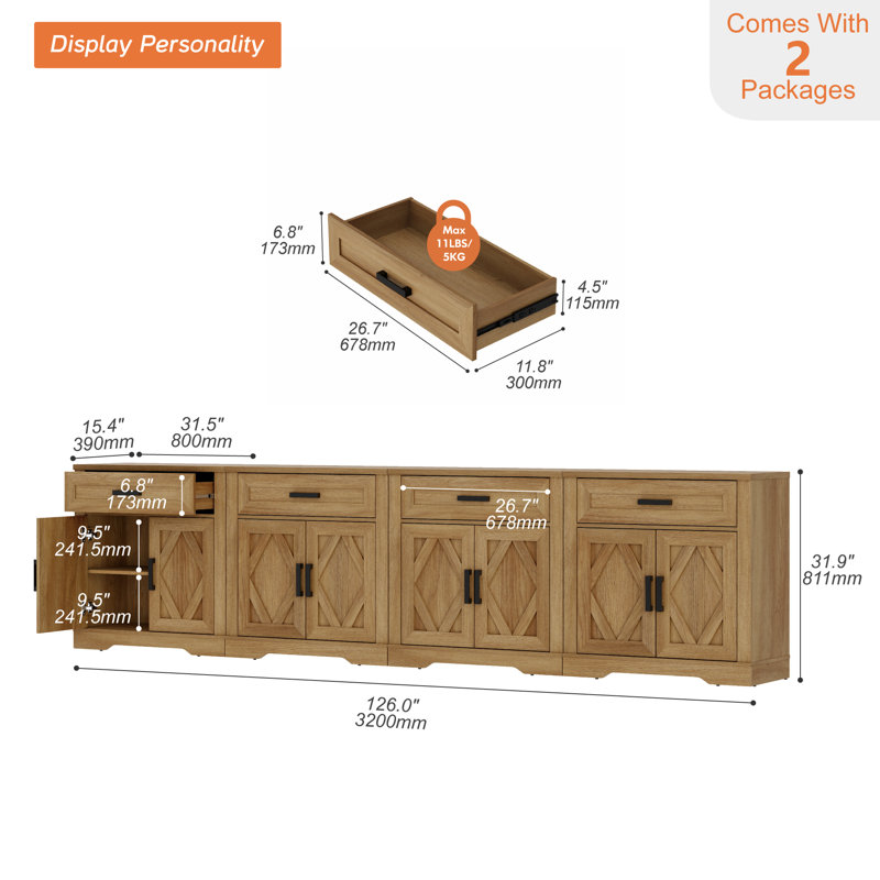 126"W Large Office Storage Cabinet, 4-In-1 Farmhouse Wood Storage File Cabinet With Storage Barn Door Unit, Office Console Table With File Drawers And Shelves For Office, Bedroom,Walnut