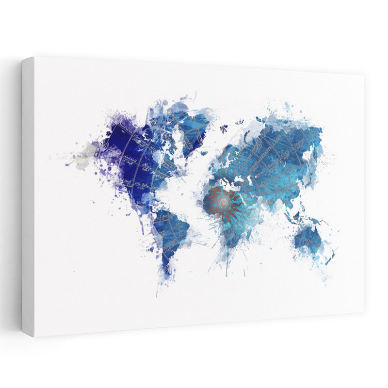 Art mural contemporain abstrait carte du monde bleu aquarelle, 32" H x 48" W