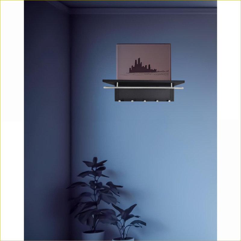  Portemanteau mural en métal thermolaqué noir mat avec tablette et 5 crochets, Noir