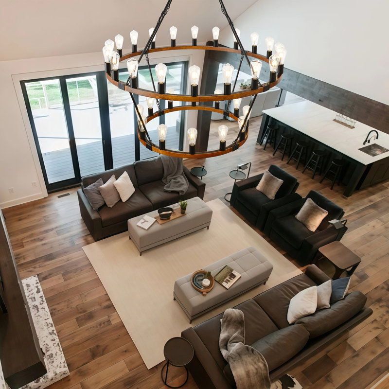 Lustre de style rustique en bois sur roulettes à 2 niveaux 47 "à 32 lumières rustiques en bois pour lustre, 2 niveaux