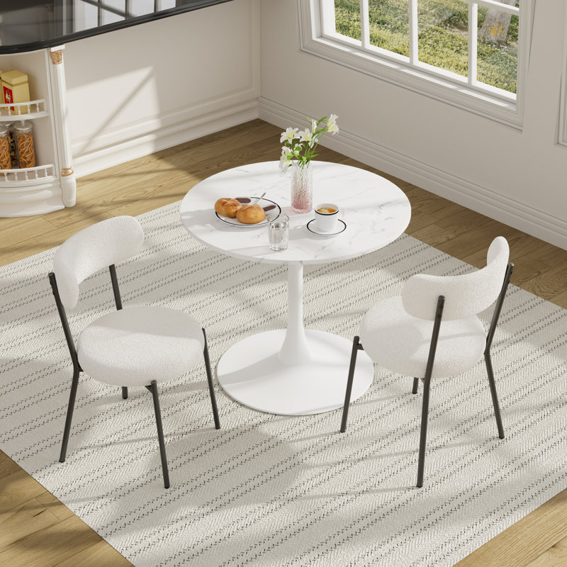 3 Piece Dining Room Round Table and Teddy Chairs Set, White, White