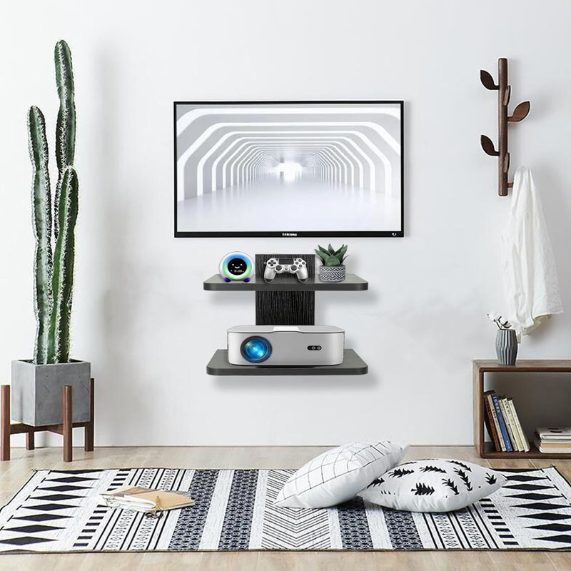 Support de projecteur mural / tablette télé flottante noire à deux niveaux - Convient au salon ou à la chambre à coucher