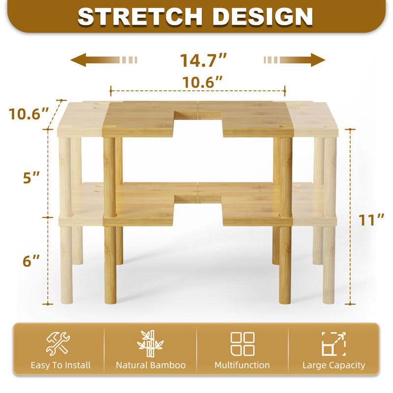 Ensemble de 2 étagères à épices pour armoire, ensemble de 2 tablettes de rangement en bambou extensible et empilable, Naturel