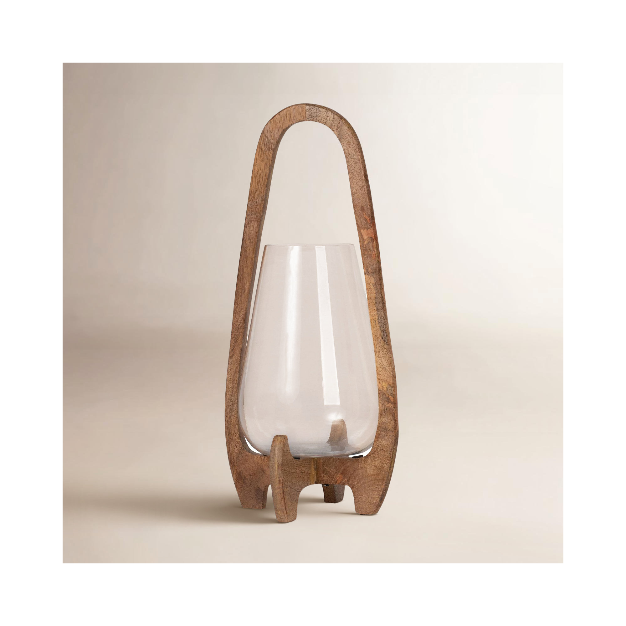 Sculpted Wood Glass Hurricane Lantern, For Decorative Use, Mango Wood and Glass, 18" H x 8" W x 8" D, Natural