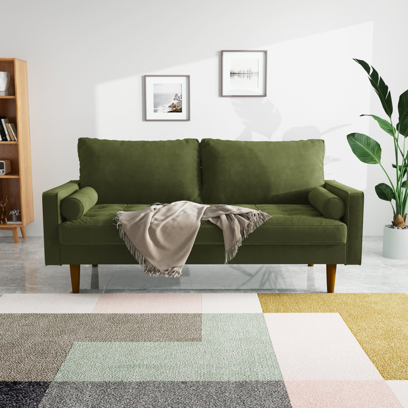 Brighton 70" Square Arm Velvet Tufted Seat Sofa, Army Green Polyester