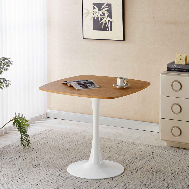 Table carrée de style tulipe Mid-Century avec base en métal robuste et plateau de table en bois aggloméré