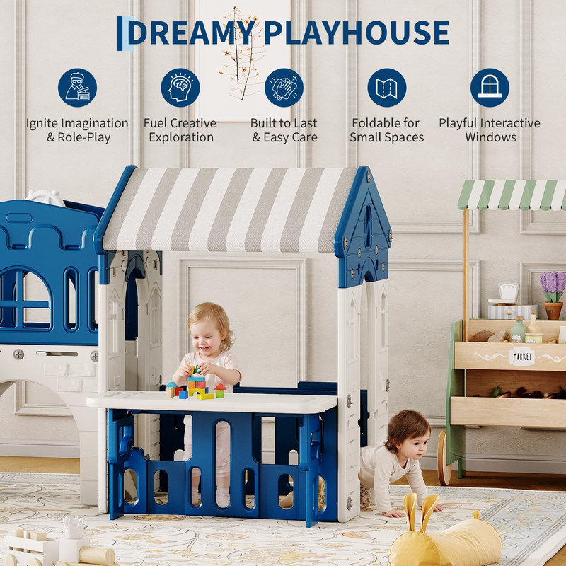 Centre de jeu 9 en 1 avec balançoire, glissade et mur d'escalade pour enfants, Blue