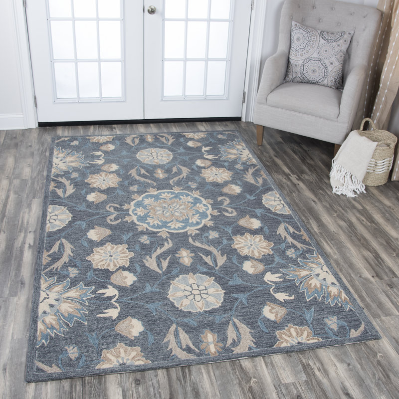 Tapis gris foncé en laine touffeté à la main floral Polen, Rectangle 9 pi x 12 pi