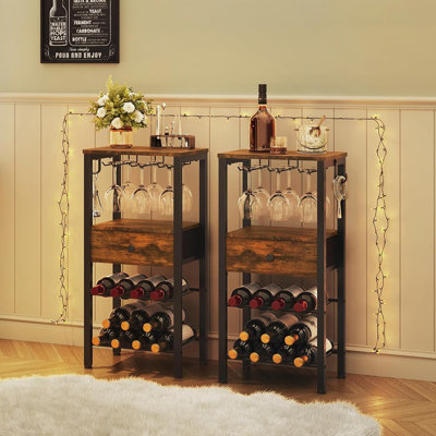 Plancher autoportant pour porte-bouteilles de vin, table porte-bouteilles à 2 niveaux avec tiroir et crochet, table de rangement pour 8 bouteilles avec plateau de table, porte-bouteilles avec porte-verres, pour salle à manger, salon