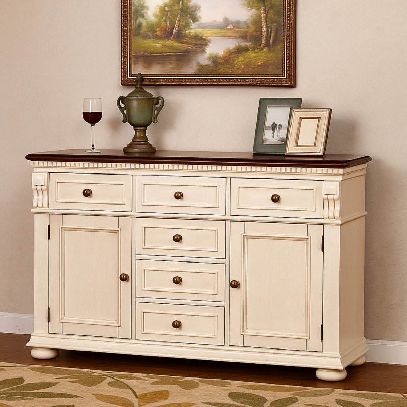 Weatherhill 56.5'' Transitional Style Buffet Server, Brown Top, 6 Drawers and 2 Cabinet, Ivory