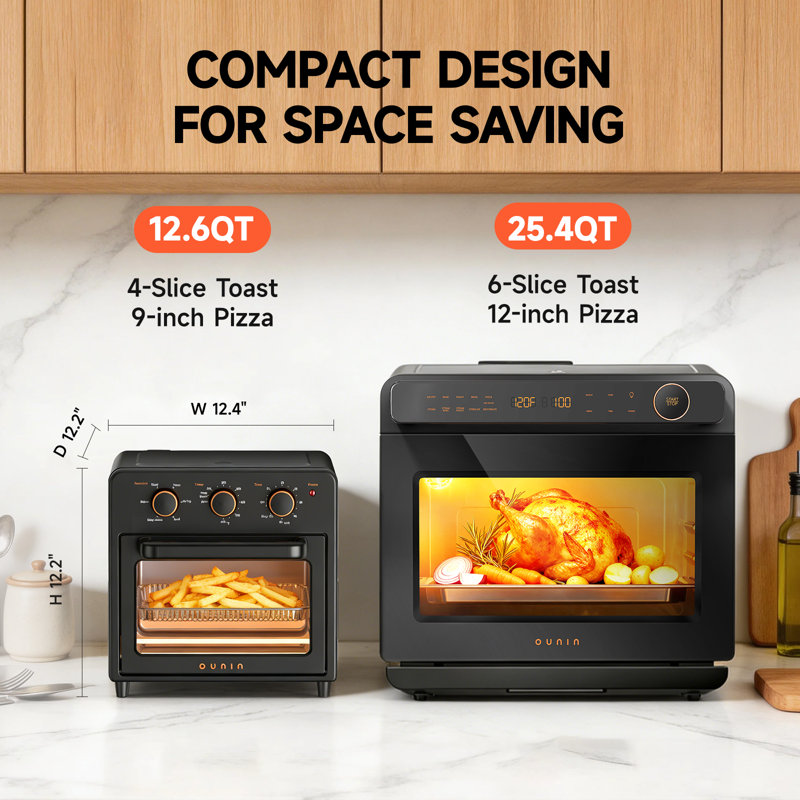 OUNIN Air Fryer Toaster Oven with Steam Infusion – 12.6QT Compact, Countertop, Fast Preheat with Bake, Toast, Roast, Broil and Warm Options, 60-Minute Timer, Stainless Steel