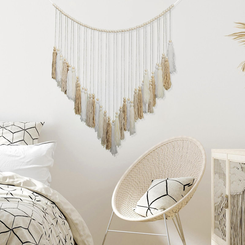 Décoration murale macramé Haning, décoration murale pompon Boho, Crème / beige