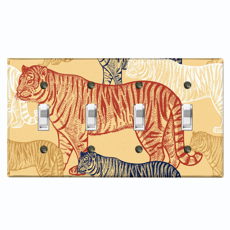 Metal Light Switch Plate Cover; US Standard Size 2 Gang Toggle - Tiger Drawings, #4 Quad Toggle