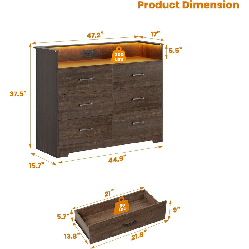 6-Drawer 47.2” Wide Dresser with LED & Charging – Modern Double Chest for Bedroom, TV Stand Cabinet, Storage for Living Room, Entryway, Hallway