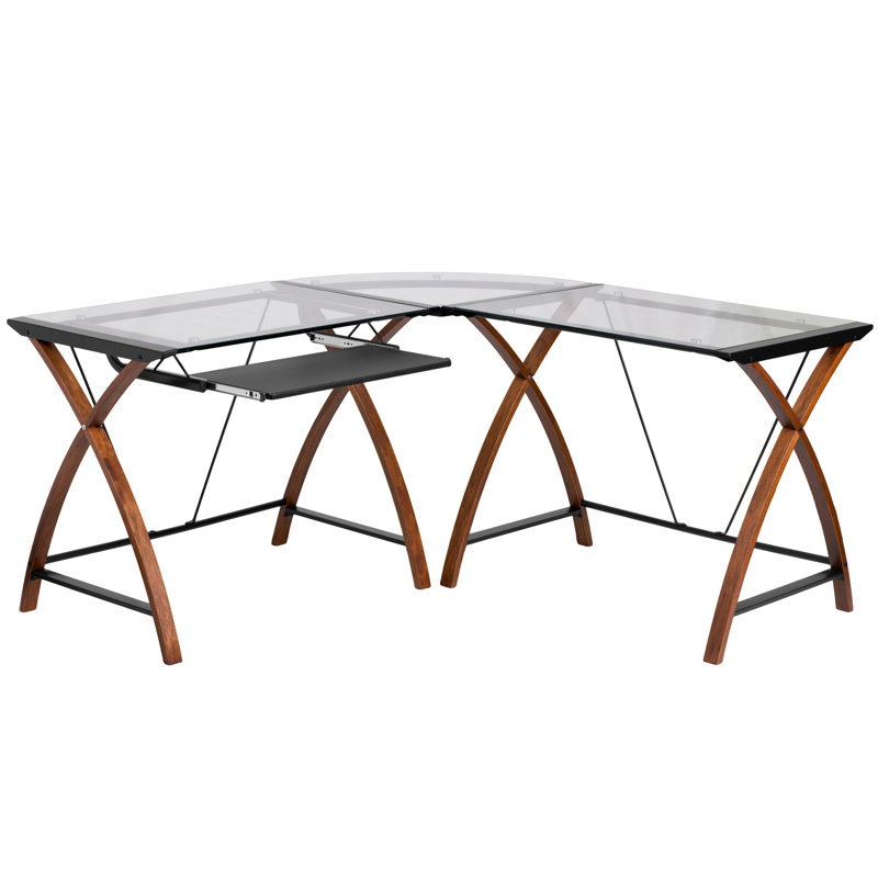 Bureau d'ordinateur en coin en L en verre avec plateau à clavier coulissant Chava