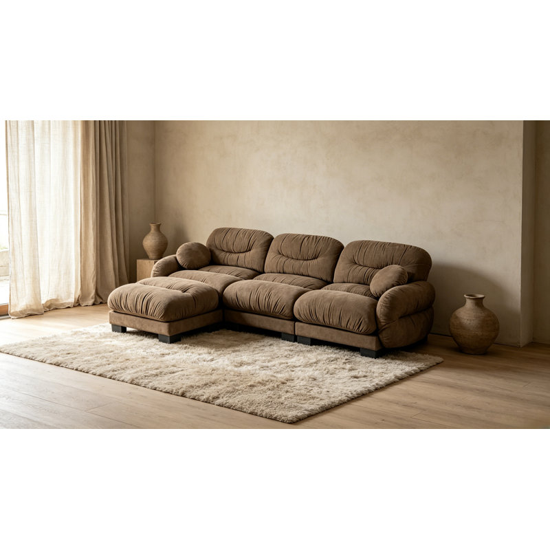 Pleated Modular Sectional Sofa, Chenille Cloud Couch with L-Shaped Chaise & Ottoman, Brown Chenille