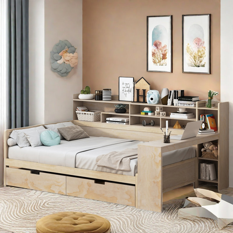 Rabito With Storage Shelves, Two Drawers And Study Desk, Natural