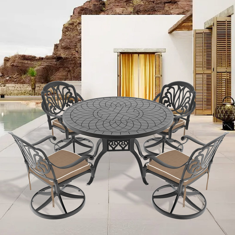 Ensemble de salle à manger 5 pièces en aluminium coulé résistant aux intempéries, comprenant 4 chaises pivotantes et une table ronde de 47,24 po avec structure noire
