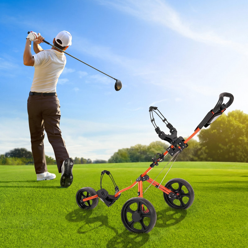 Chariot de golf avec poignée réglable et frein au pied – Conception pliable en 3 étapes, roues fluides de 28 cm, porte-carte de pointage, porte-gobelet et boîte de rangement pour le terrain de golf