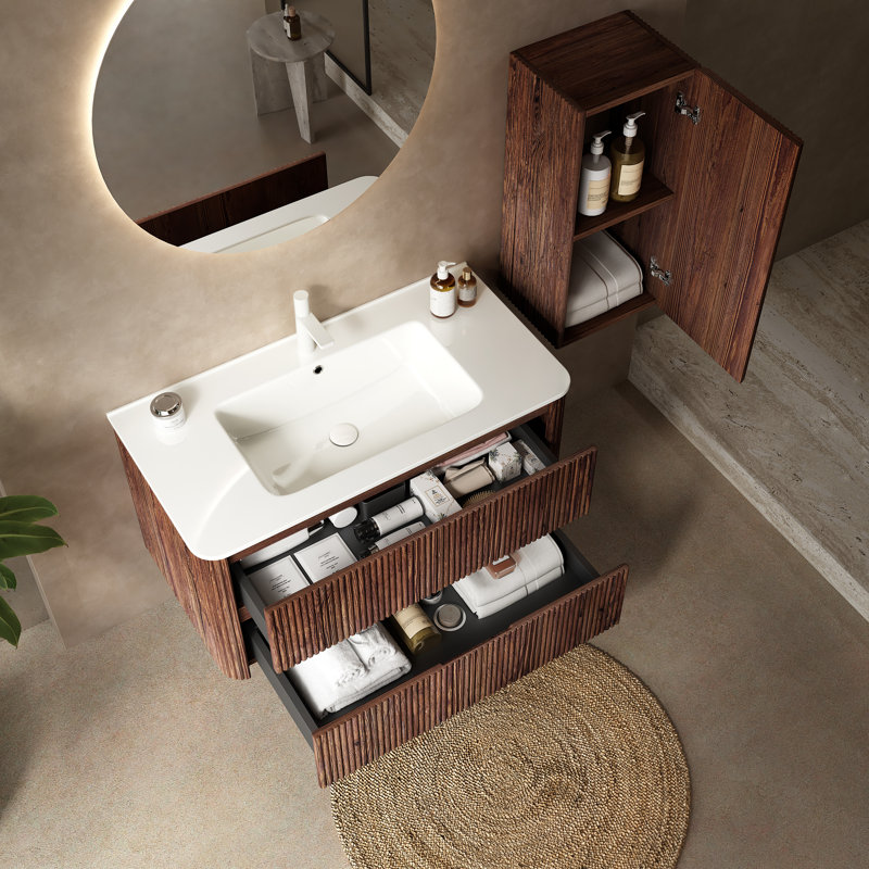 Kali Wall-mounted Floating Striped Bathroom Vanity Side Cabinet With A Door And A Shelf, (suitable For Noor Bathroom Vanity)